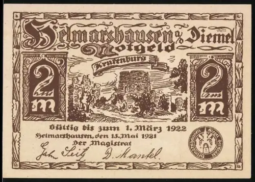 Notgeld Helmarshausen a. d. Diemel 1921, 2 Mark, Krukenburg und mittelalterliche Szene am Sterbebett