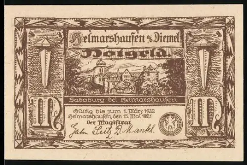 Notgeld Helmarshausen a. d. Diemel 1921, 50 Pfennig, Sababurg und Schmied Heilungsszene
