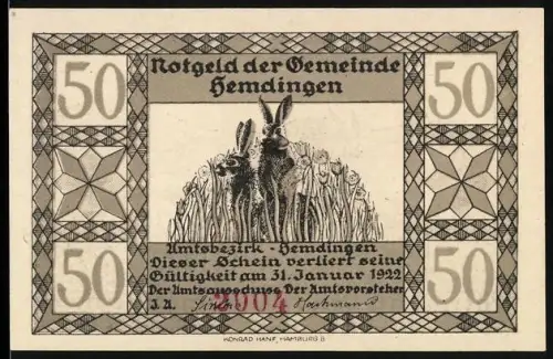 Notgeld Hemdingen 1922, 50, Hasen im Gras und Füchse in Landschaft