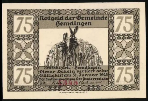 Notgeld Hemdingen 1922, 75 Pfennig, Hasen im Feld und Wildschwein im Schnee
