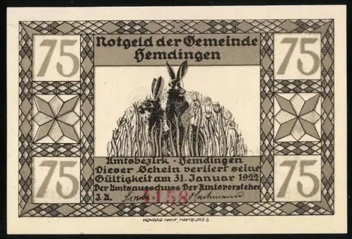 Notgeld Hemdingen 1922, 75, Hasen im Feld und Rehe im Winterwald