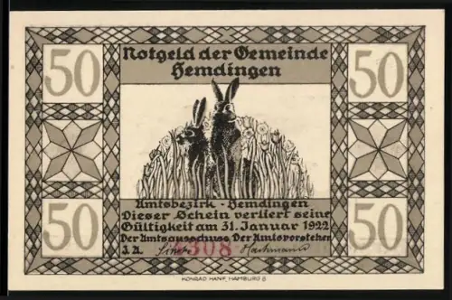 Notgeld Hemdingen 1922, 50, Hasen im Feld und Hase im Sonnenaufgang