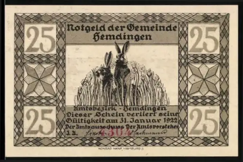 Notgeld Hemdingen 1922, 25 Pfennig, Hasen im Feld und Igel im Garten