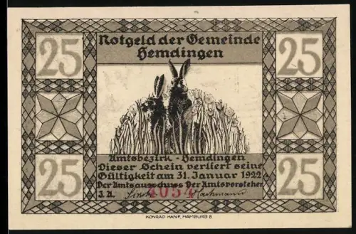 Notgeld Hemdingen 1922, 25 Pfennig, Hasen und Eule im Feld, Eichhörnchen und Landschaft