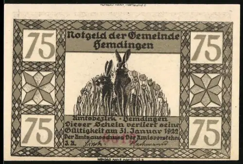 Notgeld Hemdingen 1922, 75 Pfennig, Esel und Wildschwein im Schnee, Hermann Löns Mümmelmann