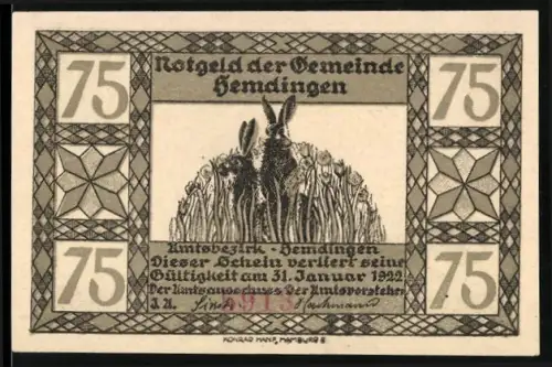 Notgeld Hemdingen 1921, 75 Pfennig, Hase im Feld und Rehe im Wald