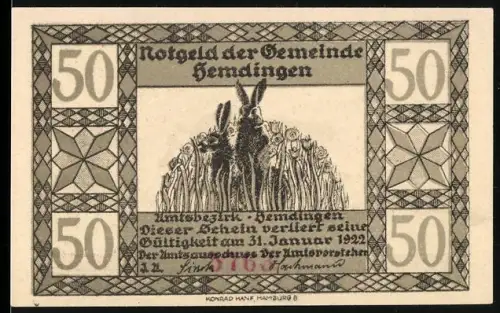 Notgeld Hemdingen 1922, 50, Hasen im Feld und laufender Hase vor Sonnenaufgang