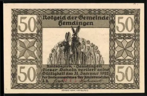 Notgeld Hemdingen 1922, 50, Hasen im Feld und Fuchs in Landschaft