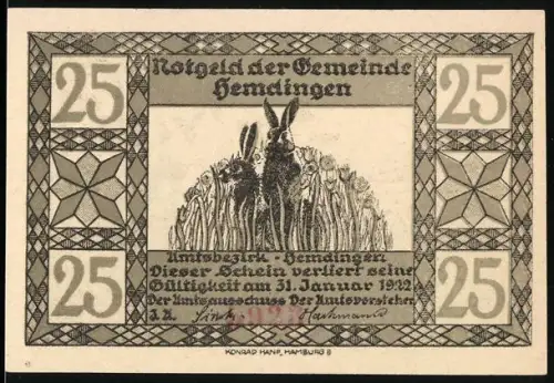 Notgeld Hemdingen 1921, 25 Pfennig, Hasen im Kornfeld und Landschaft mit Hase unter Eiche