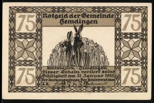 Notgeld Hemdingen 1922, 75 Pfennig, Esel und Kaninchen im Wald
