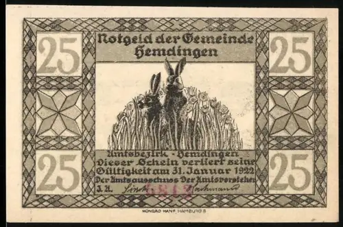 Notgeld Hemdingen 1922, 25, Hase und Igel in der Natur
