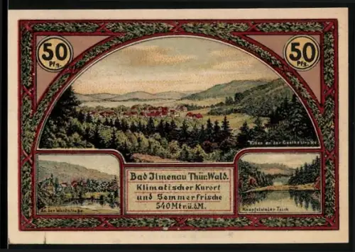 Notgeld Ilmenau /Thür. Wald 1921, 50 Pf, Kurhaus, Wintersportplatz, Landschaftsansicht