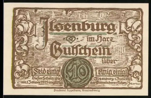 Notgeld Ilsenburg im Harz 1923, 10 Pfennig, Zwerge und Gebäudeansicht