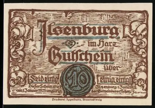 Notgeld Ilsenburg im Harz 1921, 10 Pfennig, Zwerge und Gebäude im Wald
