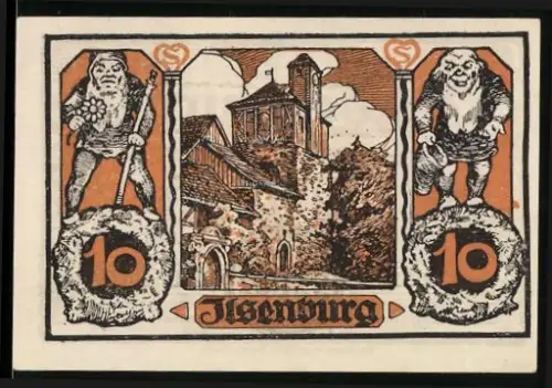 Notgeld Ilsenburg im Harz 1921, 10 Pfennig, Zwerge und Gebäude im Hintergrund