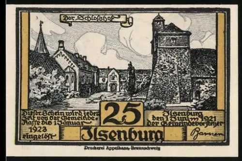 Notgeld Ilsenburg 1921, 25 Pfennig, Schlosshof und Tierköpfe mit Blumenornamenten