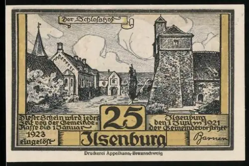 Notgeld Ilsenburg 1923, 25 Pfennig, Schlossansicht und Hirschgeweihe mit Totenköpfen