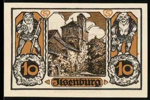 Notgeld Ilsenburg im Harz 1921, 10 Pfennig, Burgansicht und Zwerge