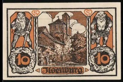 Notgeld Ilsenburg im Harz 1921, 10 Pfennig, Burgruine und zwei Zwerge