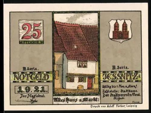 Notgeld Jessnitz i. A. 1921, 25 Pfennig, Altes Haus am Markt, Sage vom Duvedlei mit Tanzszene