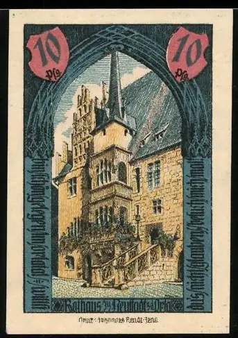Notgeld Neustadt a. d. Orla 1921, 10 Pfennig, Rathaus und Stadtwappen