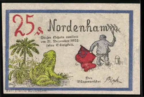 Notgeld Nordenham 1922, 25 Pfennig, Frosch und Mann mit Flagge, Schiffe und Flaggenmotive