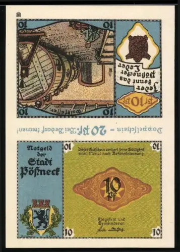 Notgeld Pössneck, 20 Pfennig, Gerberei und Weinfass, mit Wappen