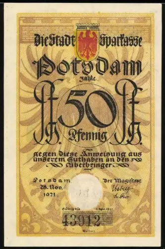 Notgeld Potsdam 1921, 50 Pfennig, Reiter auf Pferd, Noten und Liedtext, Wappen