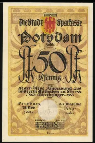 Notgeld Potsdam 1921, 50 Pfennig, Stadtsoldat und Notenblatt mit Spruch