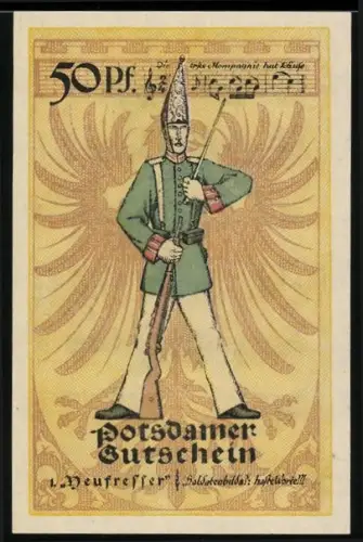 Notgeld Potsdam 1921, 50 Pfennig, Soldat mit preussischer Uniform und Notenblatt, Wappen mit Adler