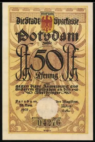 Notgeld Potsdam 1921, 50 Pfennig, Stadtwappen mit Reiter auf Pferd und Musiknoten