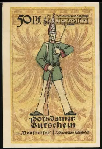 Notgeld Potsdam 1921, 50 Pfennig, Soldat mit Gewehr und Noten, Wappen mit rotem Adler