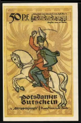 Notgeld Potsdam 1921, 50 Pfennig, Reiter mit Säbel und Notenblatt, Stadtwappen
