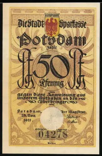 Notgeld Potsdam 1921, 50 Pfennig, Schornsteinfeger mit Noten und Wappen