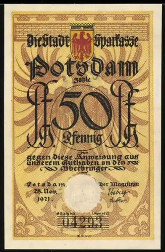 Notgeld Potsdam 1921, 50 Pfennig, Trompeter mit Gewehr und Notenblatt, Stadtwappen