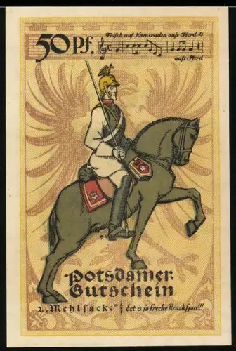 Notgeld Potsdam 1921, 50 Pfennig, Reiter mit Lanze und Notenblatt, Wappen mit Adler