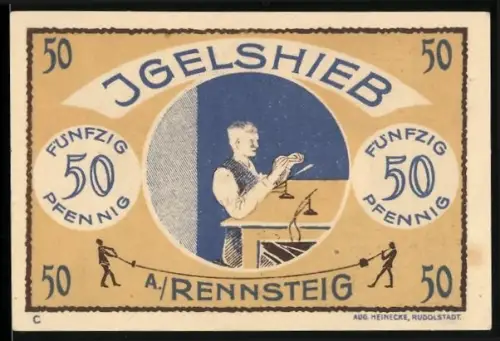 Notgeld Igelshieb a. Rennsteig 1921, 50 Pfennig, Mann an Maschine und Pferdewagen mit Holzstämmen