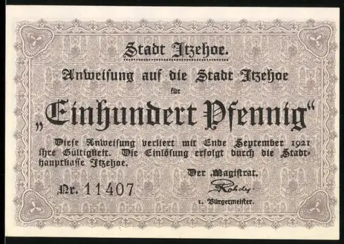 Notgeld Itzehoe 1921, 100 Pfennig, Ortsansicht und Statue von Karl dem Grossen