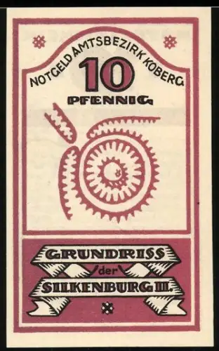 Notgeld Koberg, 10 Pfennig, Grundriss der Silkenburg, lateinischer Text