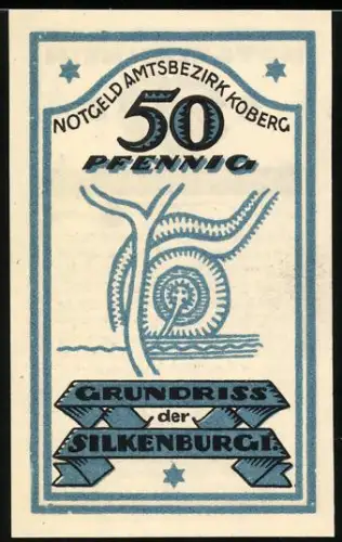 Notgeld Koberg, 50 Pfennig, Grundriss der Silkenburg, lateinischer Text