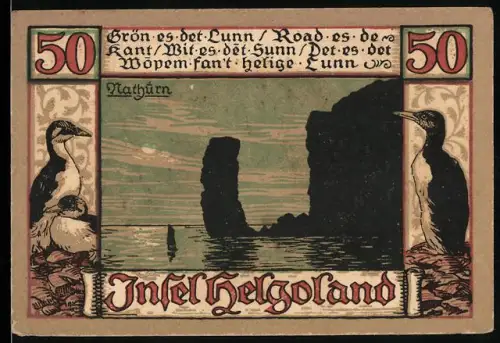 Notgeld Helgoland 1921, 50 Pfennig, Landschaft mit Vögeln und heiliger Figur im Wappen