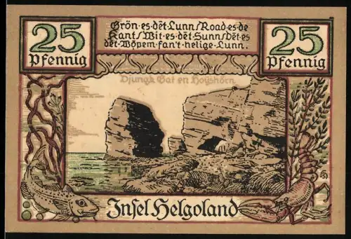 Notgeld Helgoland 1921, 25 Pfennig, Küstenlandschaft und Heiliger mit Wappen und Meerestieren