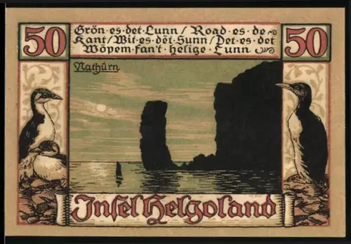 Notgeld Helgoland 1921, 50 Pfennig, Klippenlandschaft und Heiliger mit Flagge und Fischen