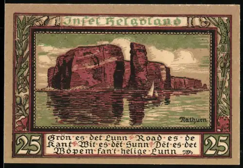 Notgeld Helgoland 1921, 25 Pfennig, Felsenlandschaft und Heiliger mit Wappen und Pflanzen
