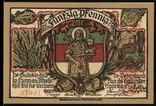 Notgeld Helgoland 1921, 50 Pfennig, Heiligenfigur und Felsenlandschaft