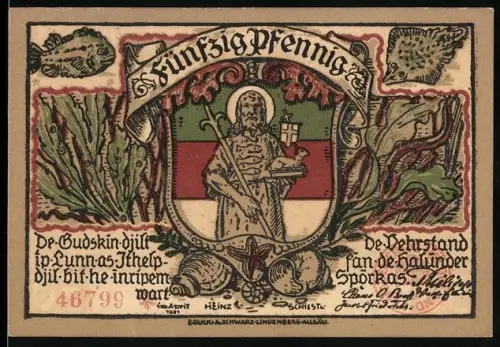 Notgeld Helgoland 1921, 50 Pfennig, Heiligenfigur und Felsenlandschaft der Helgoland