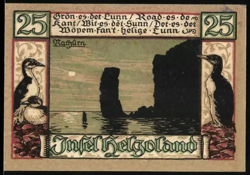 Notgeld Helgoland 1921, 25 Pfennig, Küstenlandschaft und Heiligenfigur mit Wappen und Meeresmotiven