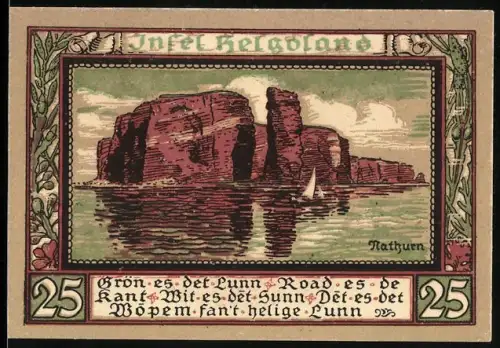 Notgeld Helgoland 1921, 25 Pfennig, Felsenlandschaft und Heiliger mit Wappen und Pflanzen