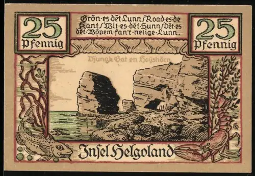 Notgeld Helgoland 1921, 25 Pfennig, Küstenlandschaft und Heiliger mit Wappen im Seetangrahmen