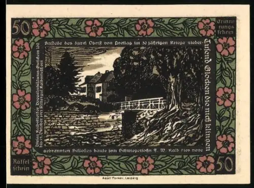 Notgeld Leipzig, 50, Landschaft mit Brücke und Baum, stilisierte Figur im Oval